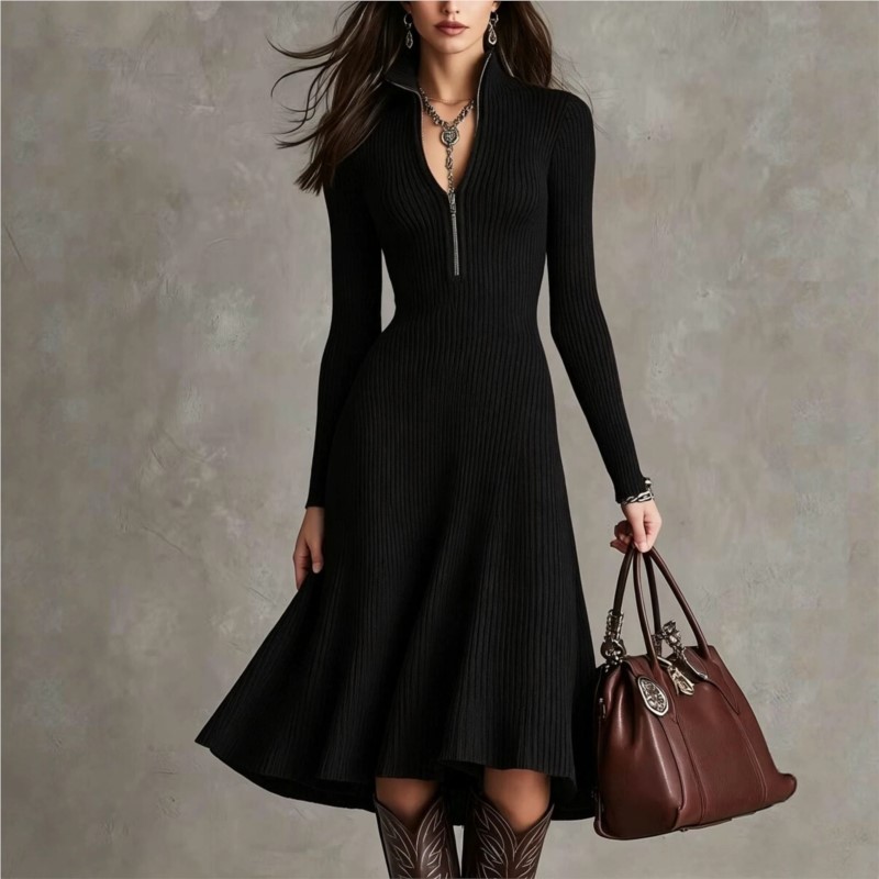 レディース リブニット ミディ丈ドレス、秋冬ファッション、ハ - Bodycon Long Sleeve Ribbed Dress のレビューと価格