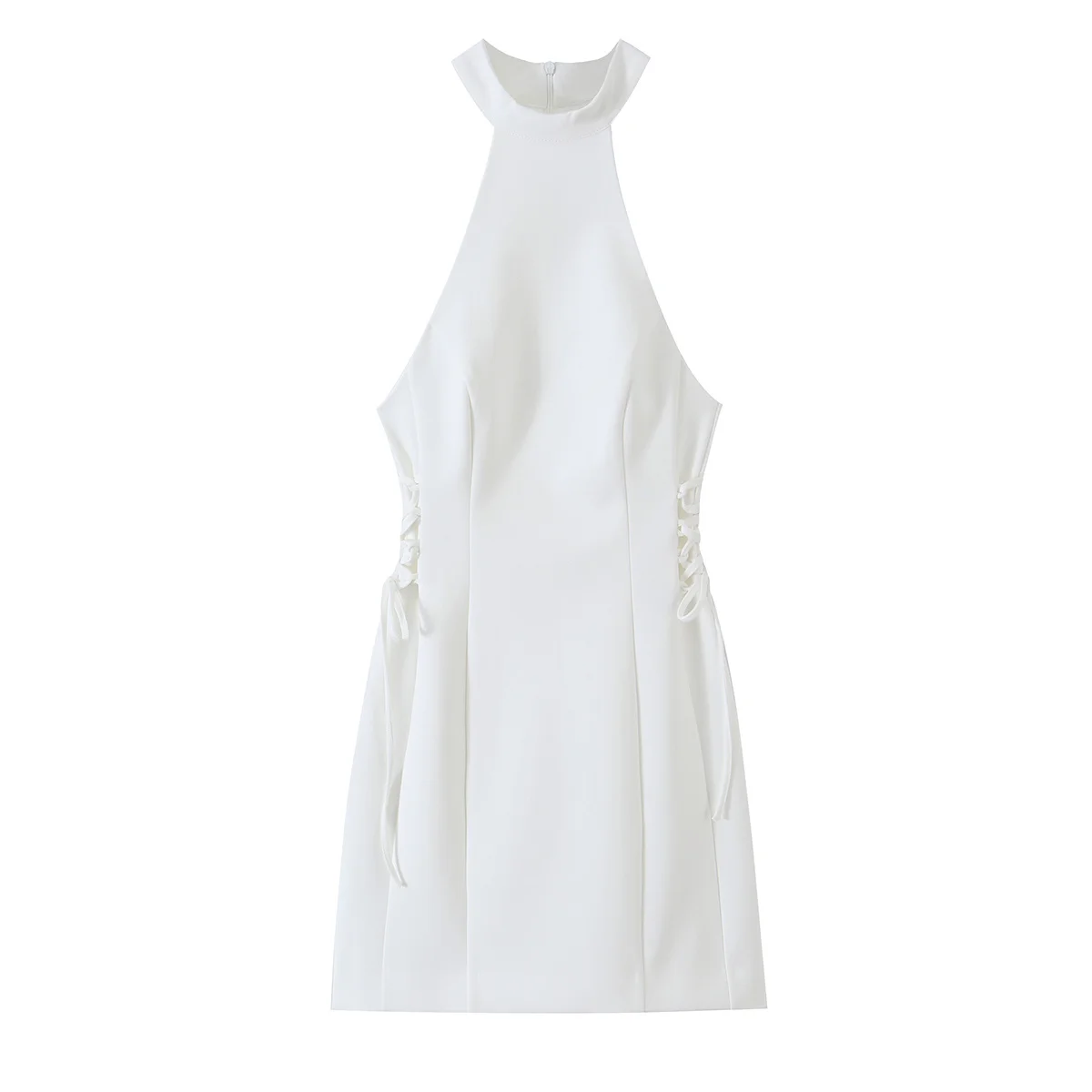 女性用ホワイトハイネックホルターミニドレス、サイドドロースト - Y2K Backless Halter Mini Dress のレビューと価格