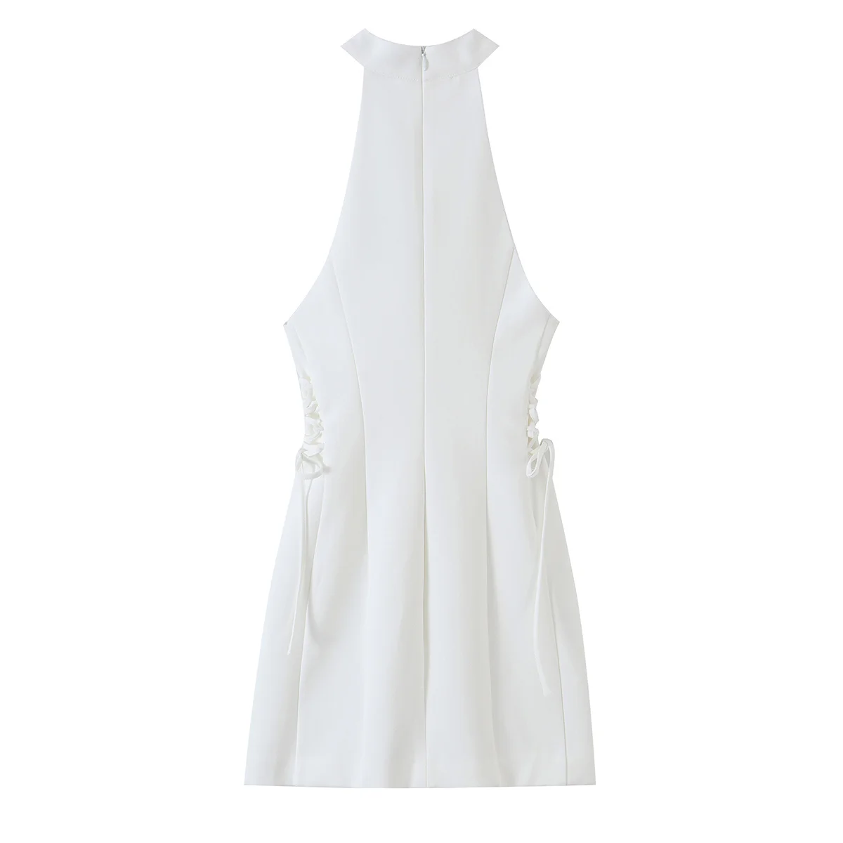 女性用ホワイトハイネックホルターミニドレス、サイドドロースト - Y2K Backless Halter Mini Dress のレビューと価格