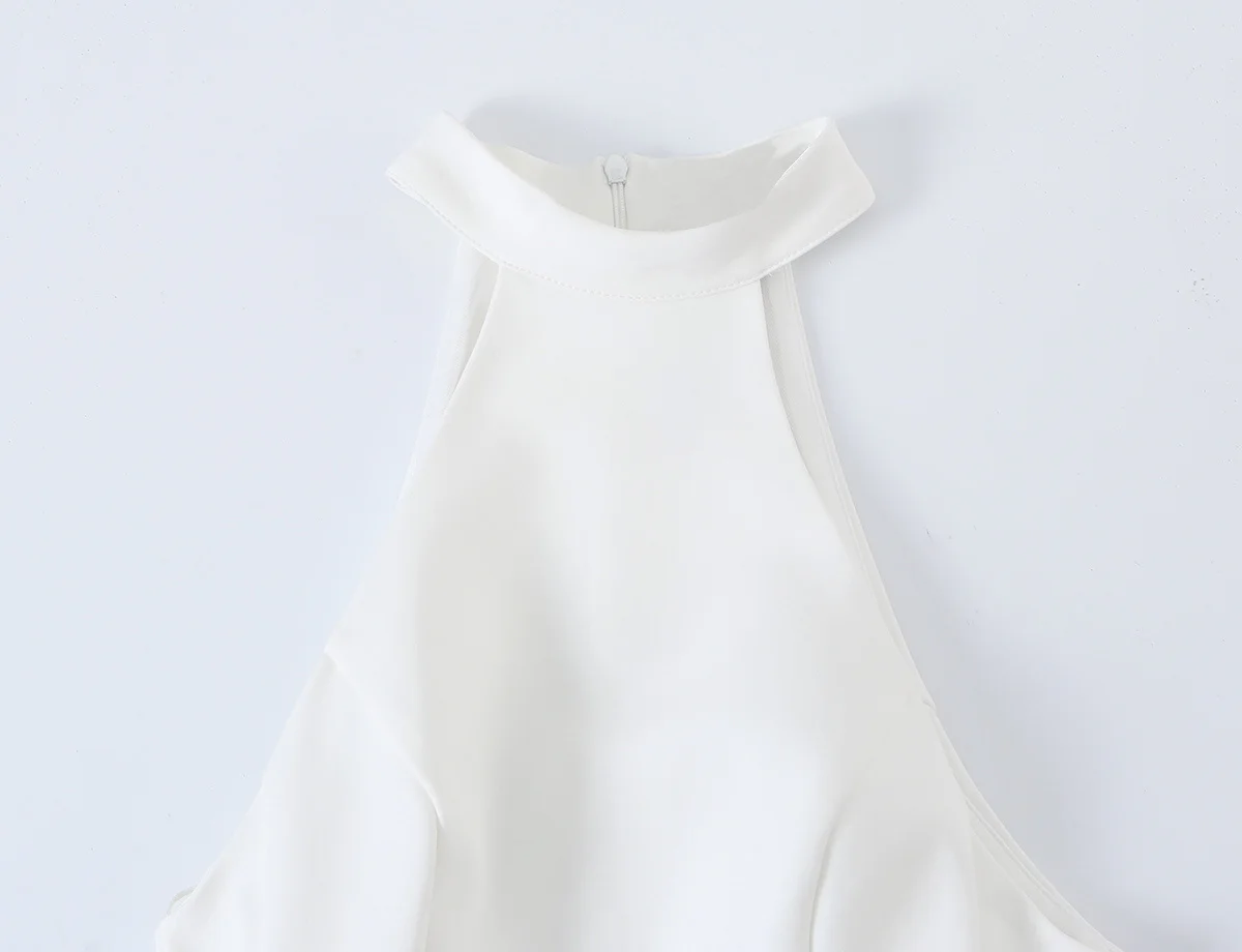 女性用ホワイトハイネックホルターミニドレス、サイドドロースト - Y2K Backless Halter Mini Dress のレビューと価格
