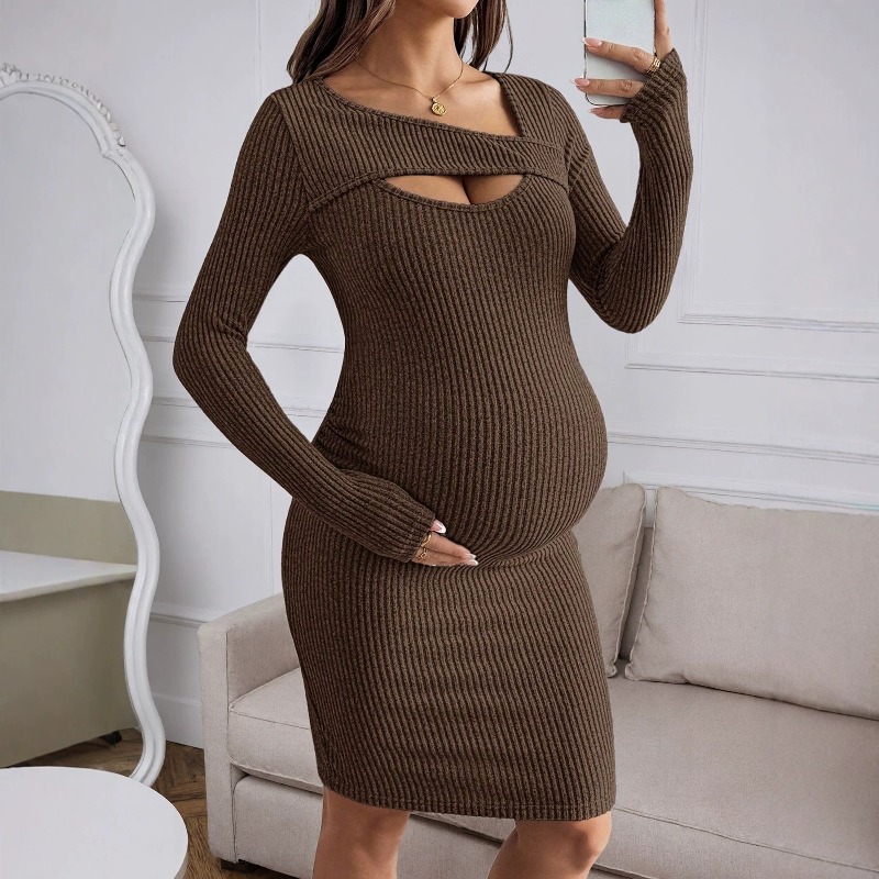 マタニティウェア 長袖リブドレス 妊婦用 ホローアウト スリ - Bodycon Long Sleeve Ribbed Dress のレビューと価格