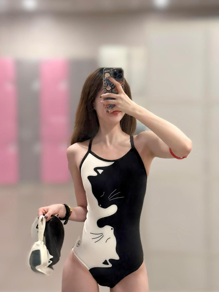 ブラックホワイト子猫プリント女性用ワンピース水着レーサーバッ - Swimwear のレビューと価格
