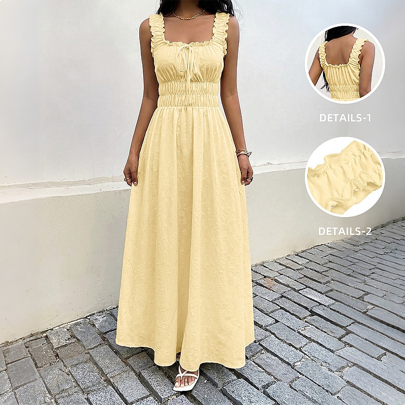 夏のノースリーブスクエアネックドレスフレンチヴィンテージロン - Boho Summer Beach Maxi Dress のレビューと価格