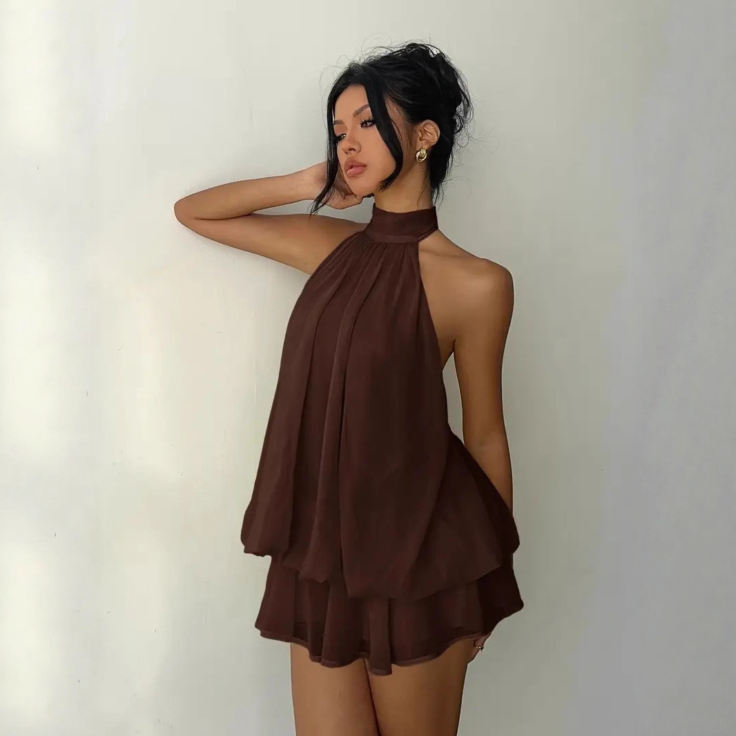女性のホルターネックドレスバックレスタイフロントシフォンシア - Y2K Backless Halter Mini Dress のレビューと価格