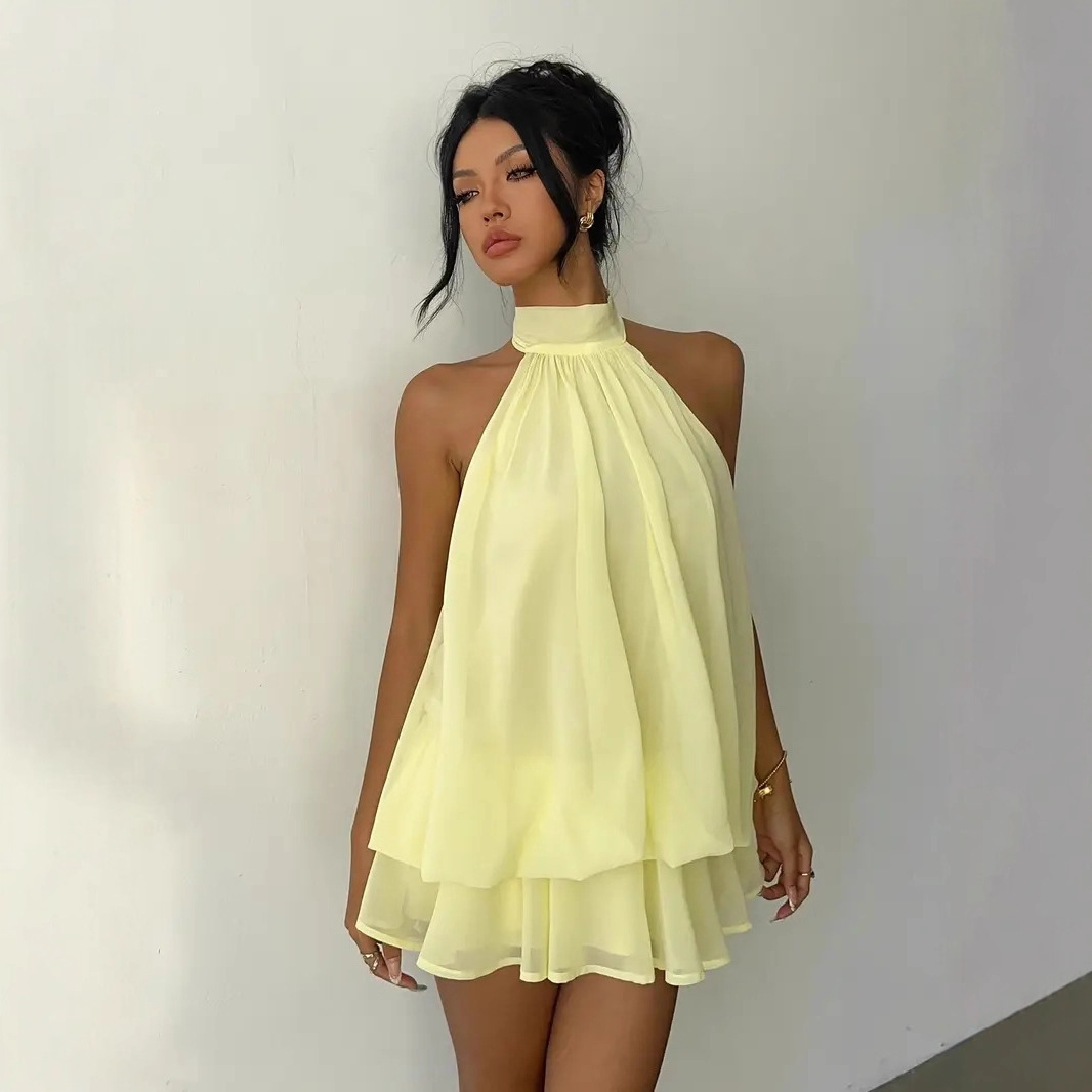 女性のホルターネックドレスバックレスタイフロントシフォンシア - Y2K Backless Halter Mini Dress のレビューと価格