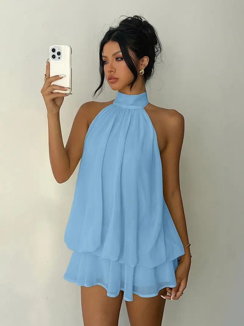 女性のホルターネックドレスバックレスタイフロントシフォンシア - Y2K Backless Halter Mini Dress のレビューと価格