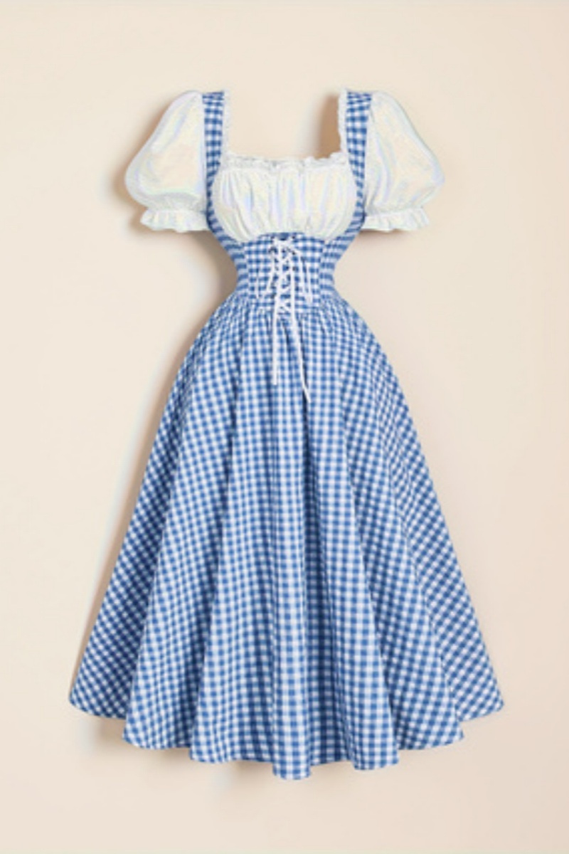 レディースファッション青と白の格子縞スプライシングストラップ - French Vintage Floral Midi Dress のレビューと価格