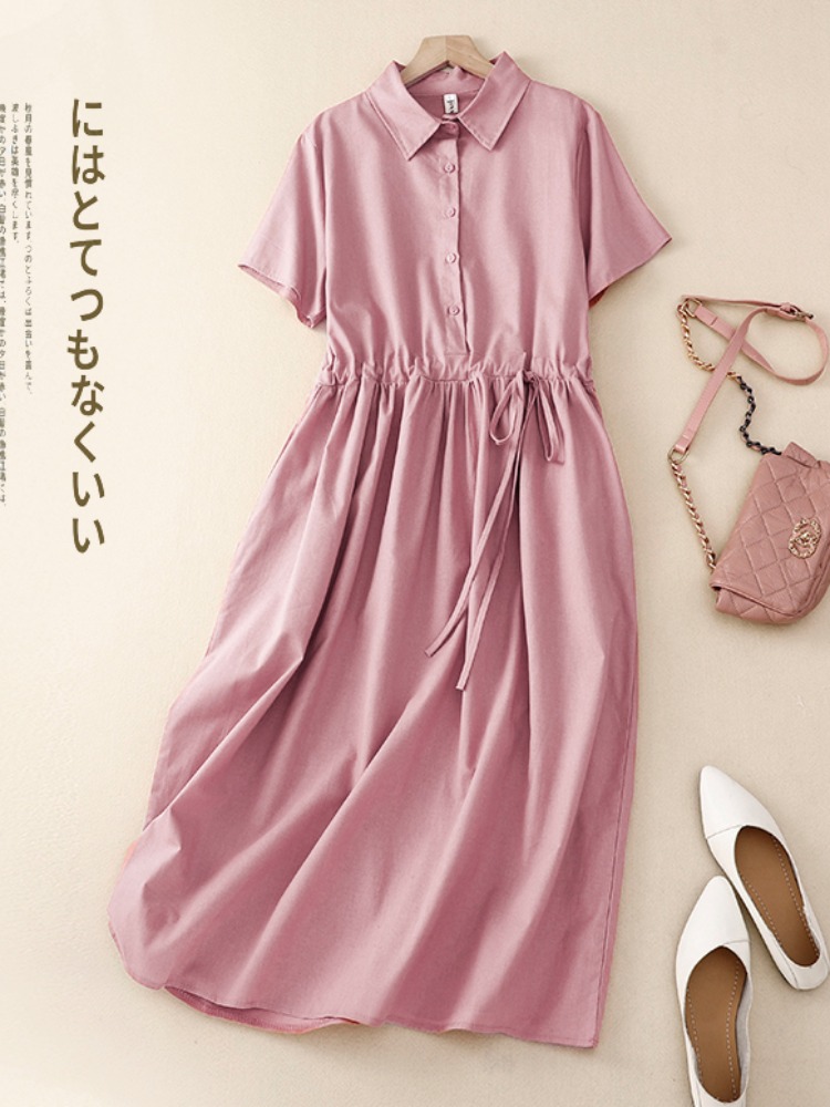 アウトレットコットンリネンレディースワンピース 夏 エレガン - Korean Style A Line Shirt Dress のレビューと価格