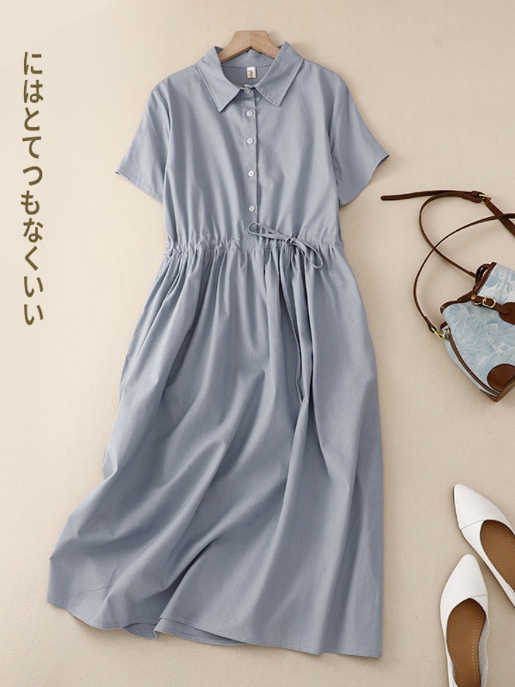 アウトレットコットンリネンレディースワンピース 夏 エレガン - Korean Style A Line Shirt Dress のレビューと価格