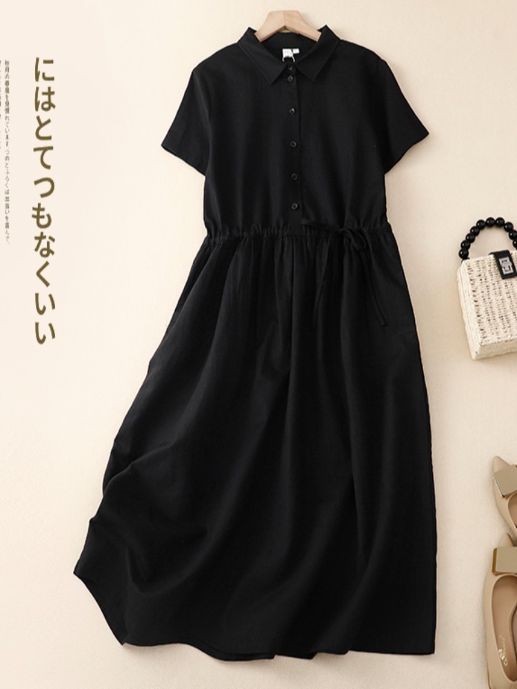アウトレットコットンリネンレディースワンピース 夏 エレガン - Korean Style A Line Shirt Dress のレビューと価格