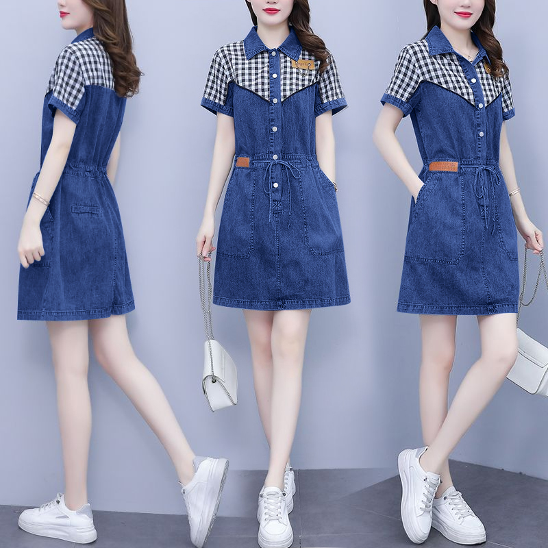 プラスサイズの女性のファッションシャツ襟プリントパッチワーク - Korean Style A Line Shirt Dress のレビューと価格