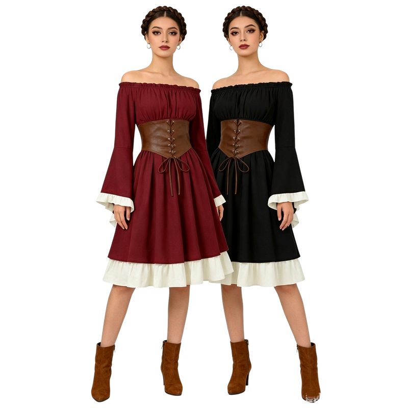 中世ルネサンス風ミディ丈ドレス、女性用、海賊コスプレ衣装、オ - Dresses のレビューと価格