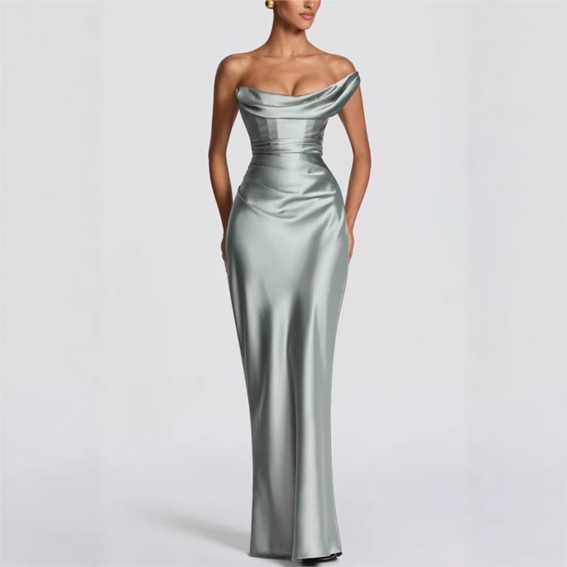 セクシーなスリムサテンドレス、エレガントでシックなプリーツワ - Elegant Satin Evening Gown Split のレビューと価格