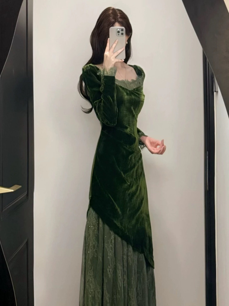 フランス風ヴィンテージエレガントベルベットドレス レディース - French Vintage Floral Midi Dress のレビューと価格